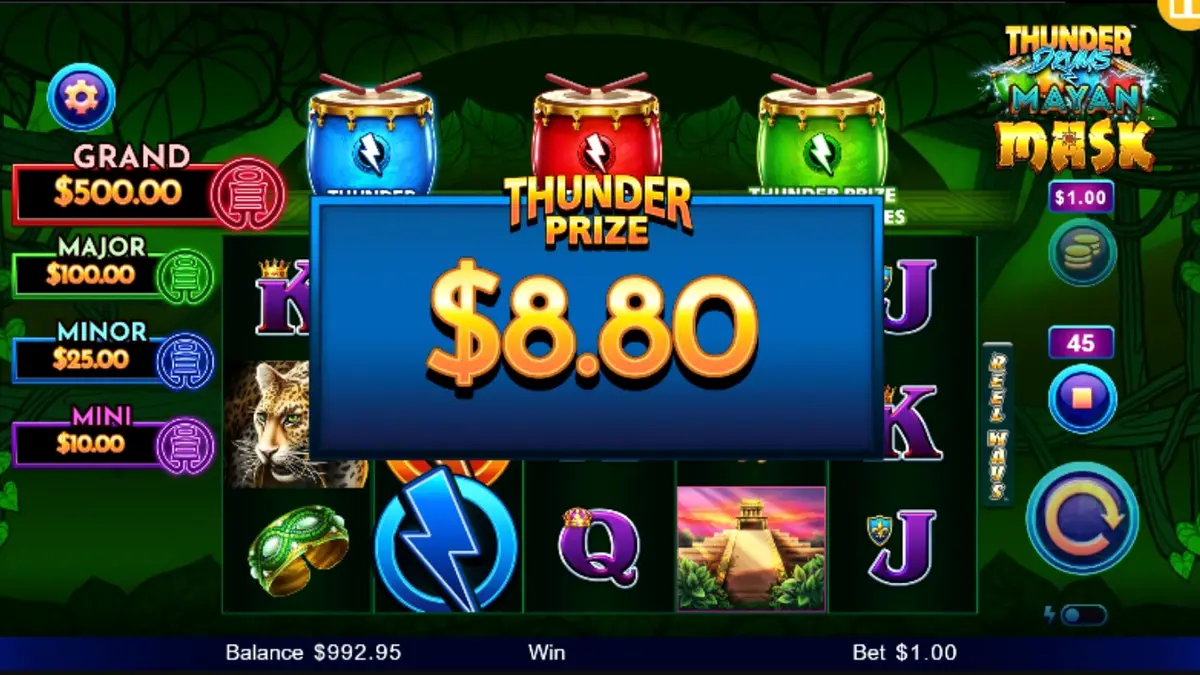 Thunder Drums Mayan Mask slot machine theme with golden masks and lightning effects