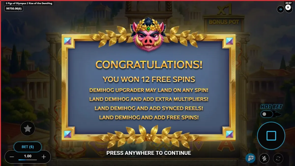 3 Pigs of Olympus 2 Rise of the DemiHog slot machine screen
