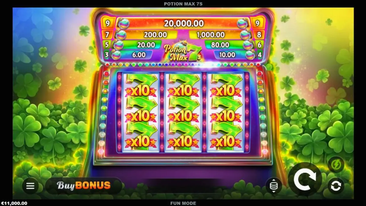 Interface vibrante do slot Potion Max 7s com temática irlandesa e símbolos clássicos